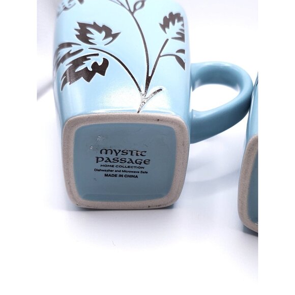 Set Of 2 Mystic Passage Blue Square Ceramic Mugs With Black Floral Design Dishwa - Picture 5 of 9
